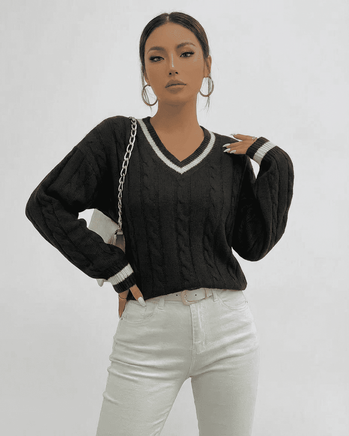 Verona Sweater by Lauven - Women's black cable knit V-neck pullover for modern layering and everyday wear.