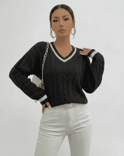 Verona Sweater by Lauven - Women's black cable knit V-neck pullover for modern layering and everyday wear.