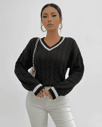 Verona Sweater by Lauven - Black cable knit pullover with V-neck silhouette and contrasting details.