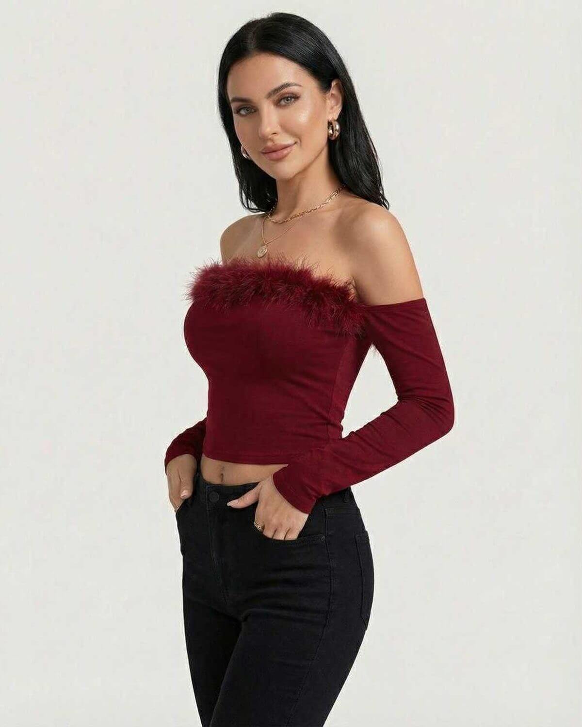Lauven Verona Top – Women's off the shoulder long sleeve top with feather trim in burgundy.