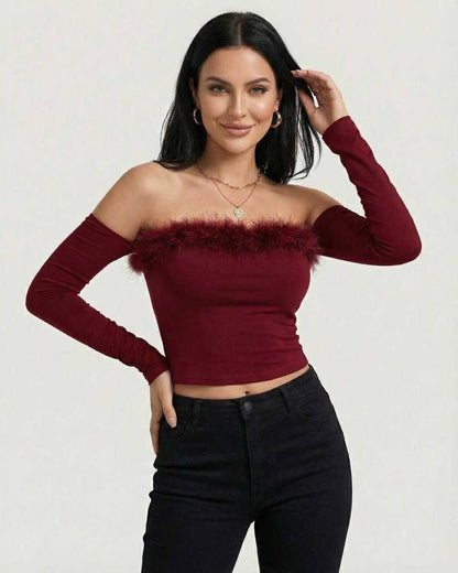 Verona Top by Lauven - Women's off the shoulder long sleeve top with feather trim in rich burgundy.
