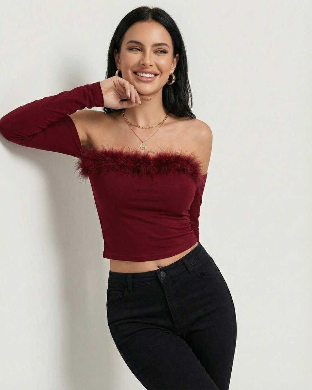 Verona Top - Women’s Off The Shoulder Long Sleeve Top with Feather Trim by Lauven in burgundy.