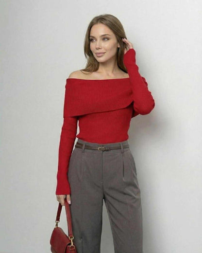 Verona Top by Lauven – Women’s off-the-shoulder long sleeve top in solid red, offering a slim fit and elegant style.