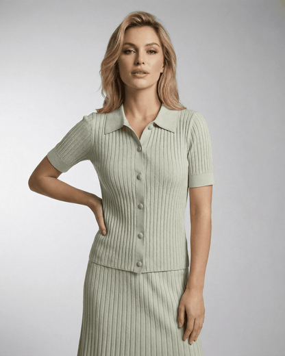 Verona Polo Shirt by Lauven, a women’s slim knit polo with fine rib texture, perfect for warm-weather dressing.