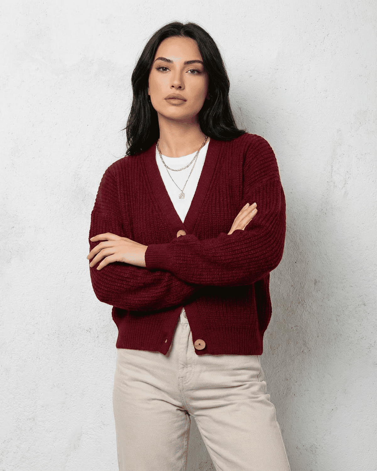 Vesper Cardigan in luxurious burgundy knitwear by Lauven, showcasing a classic V-neck design and stylish fit.