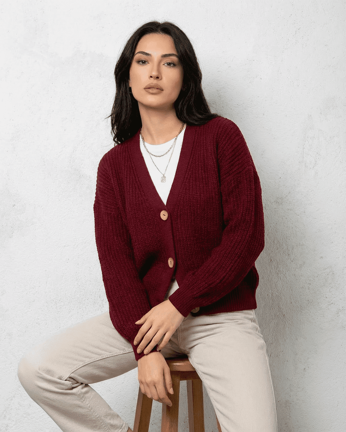 Vesper Cardigan by Lauven - Luxurious burgundy knitwear with classic V-neck design, perfect for layering.
