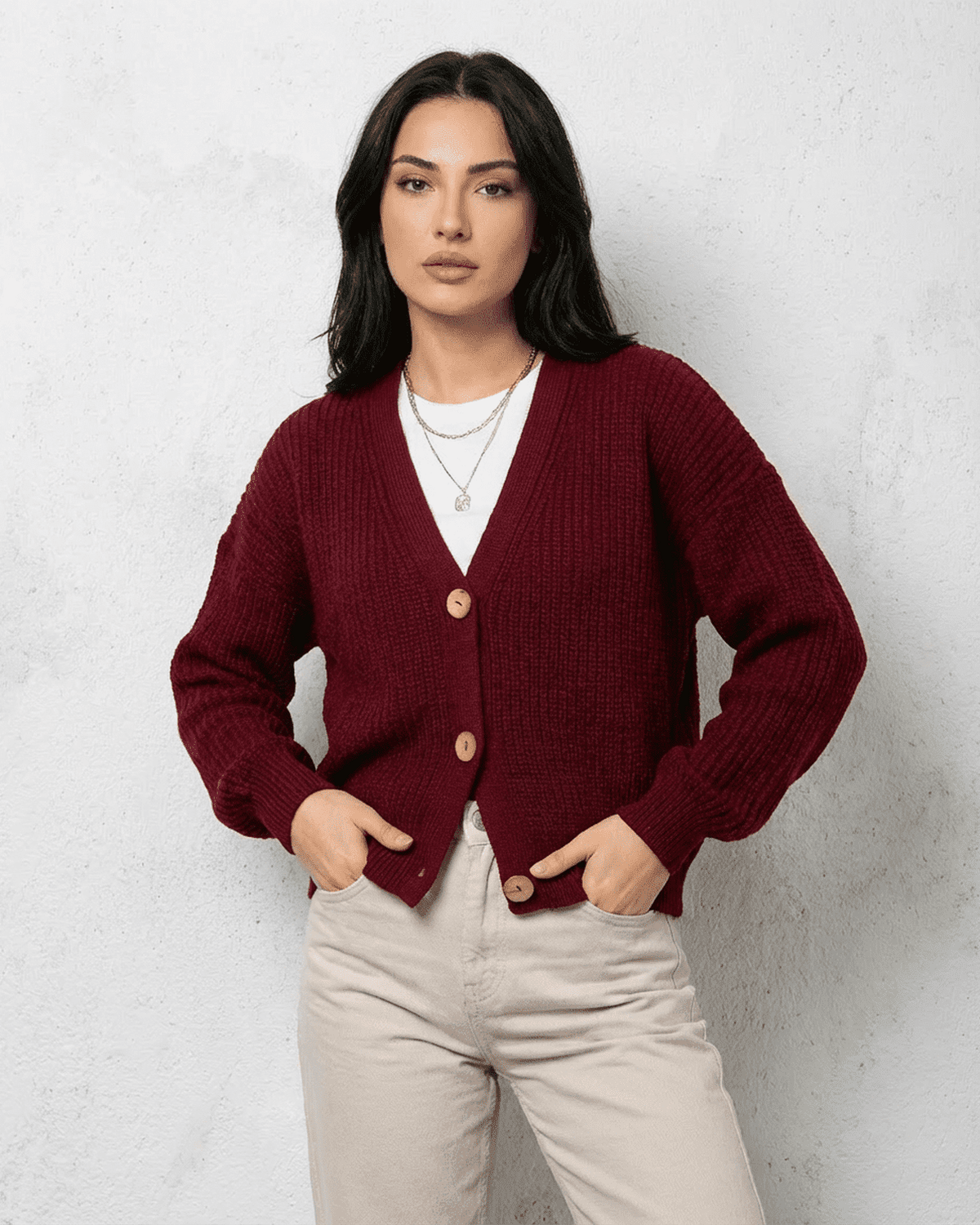 Vesper Cardigan by Lauven, luxurious burgundy knitwear with classic V-neck design and button closure.