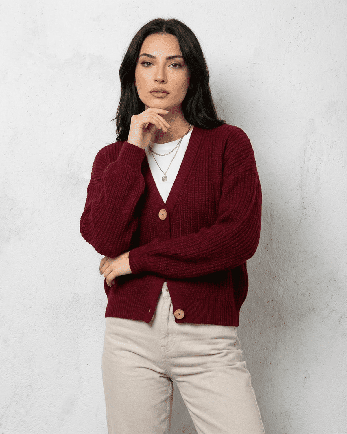 Vesper Cardigan by Lauven in burgundy, featuring a classic V-neck design and loose fit for stylish comfort.