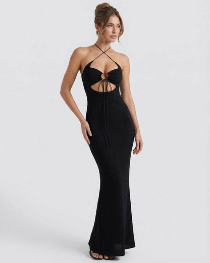 Vesper Maxi Dress by Lauven - Sleek black knitted halter neck with intricate cutouts for a stylish evening look.