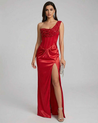 Vespera Maxi Dress by Lauven - One-shoulder satin evening gown with embellished draped neckline and thigh-high slit.