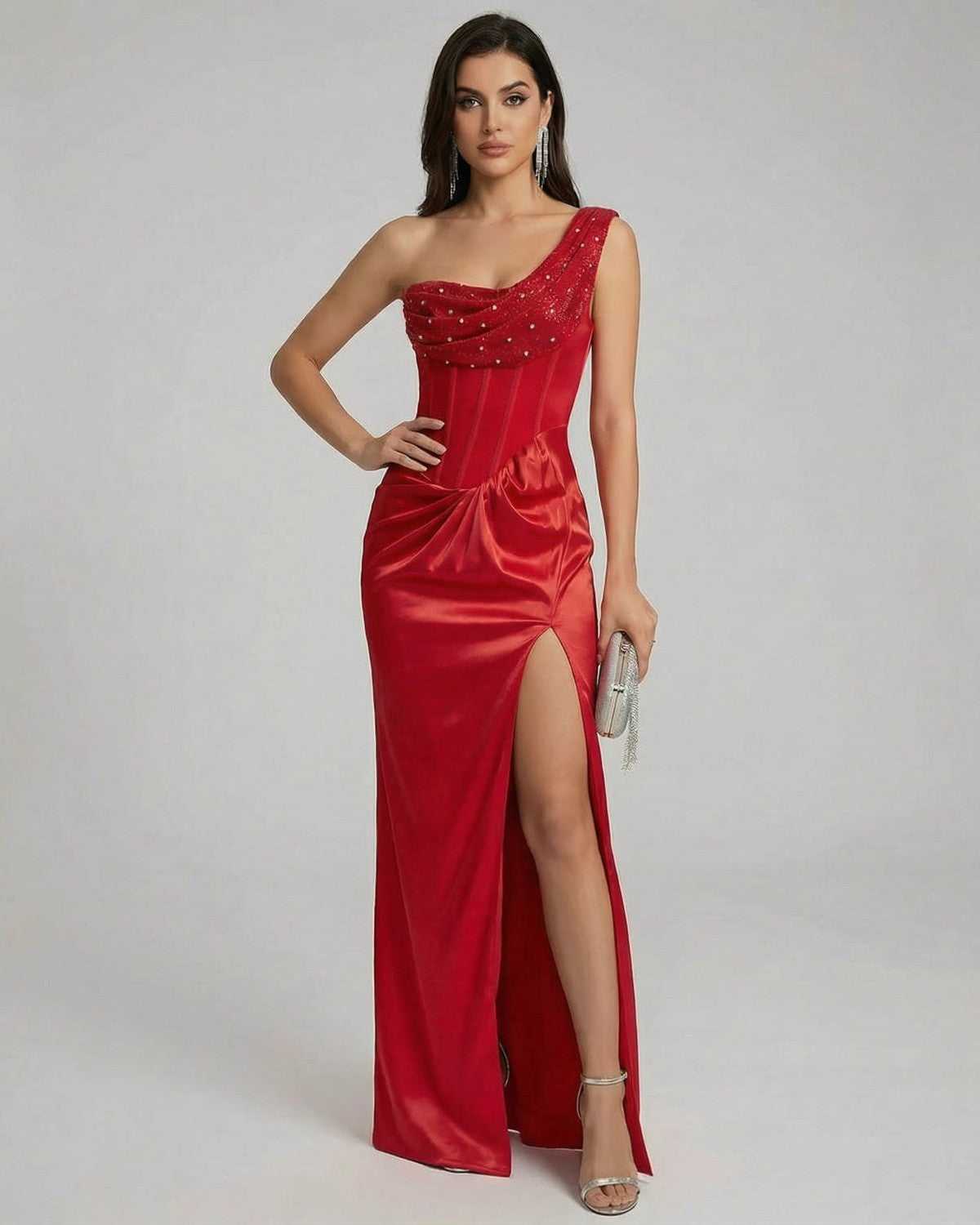 Vespera Maxi Dress by Lauven, featuring a one-shoulder design, satin fabric, and thigh-high slit for an elegant evening look.