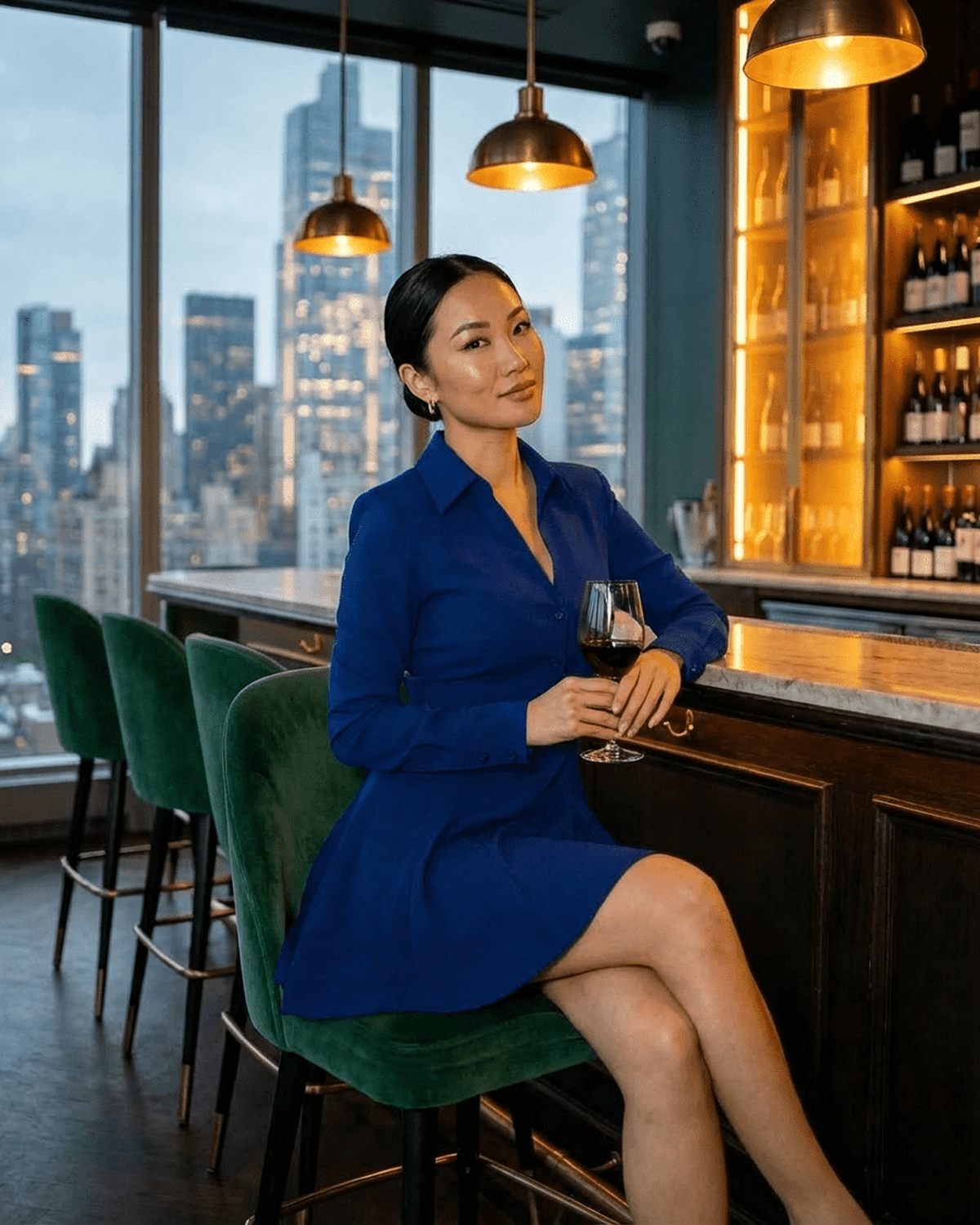 Vesta Mini Blue dress by Lauven, elegant A-line style, worn by a woman at a bar with city skyline background.