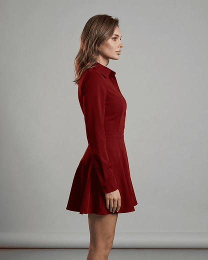 Vesta Mini Red dress in red, elegantly styled with a collared design and flared skirt, featured by Lauven.