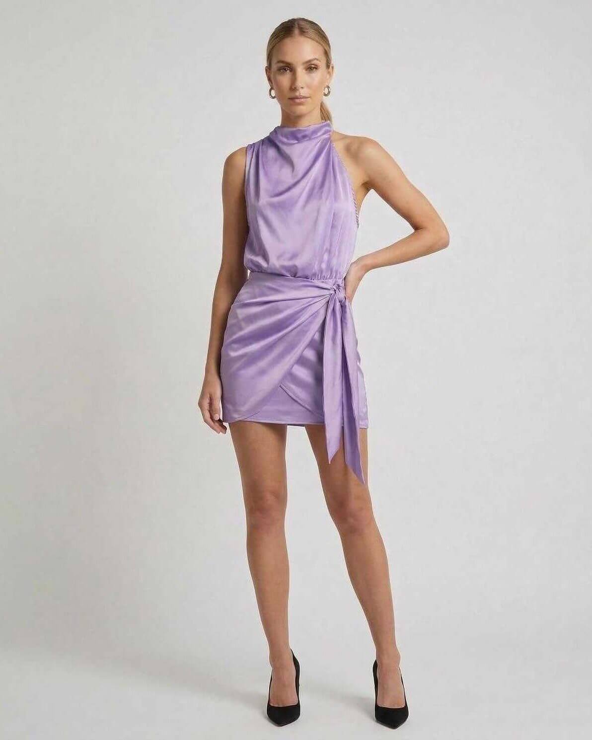 Violet Mini Dress by Lauven – Lavender satin with draped high neck and wrap tie detail, perfect for modern elegance.
