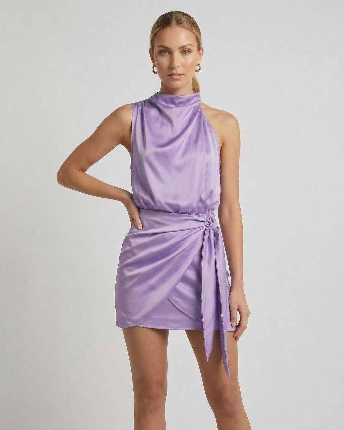 Violet Mini Dress by Lauven, featuring a lavender satin finish and draped high neck design.