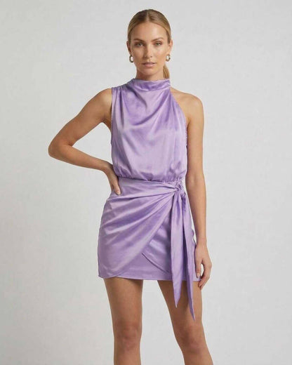 Violet Mini Dress by Lauven, featuring a lavender satin finish and draped high neck design.
