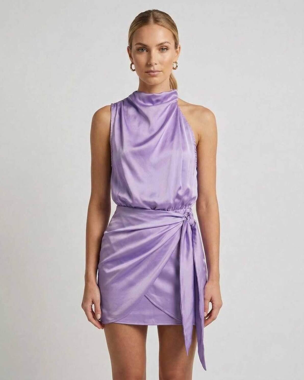 Violet Mini Dress by Lauven - Lavender satin dress with draped high neck and wrap tie detail.