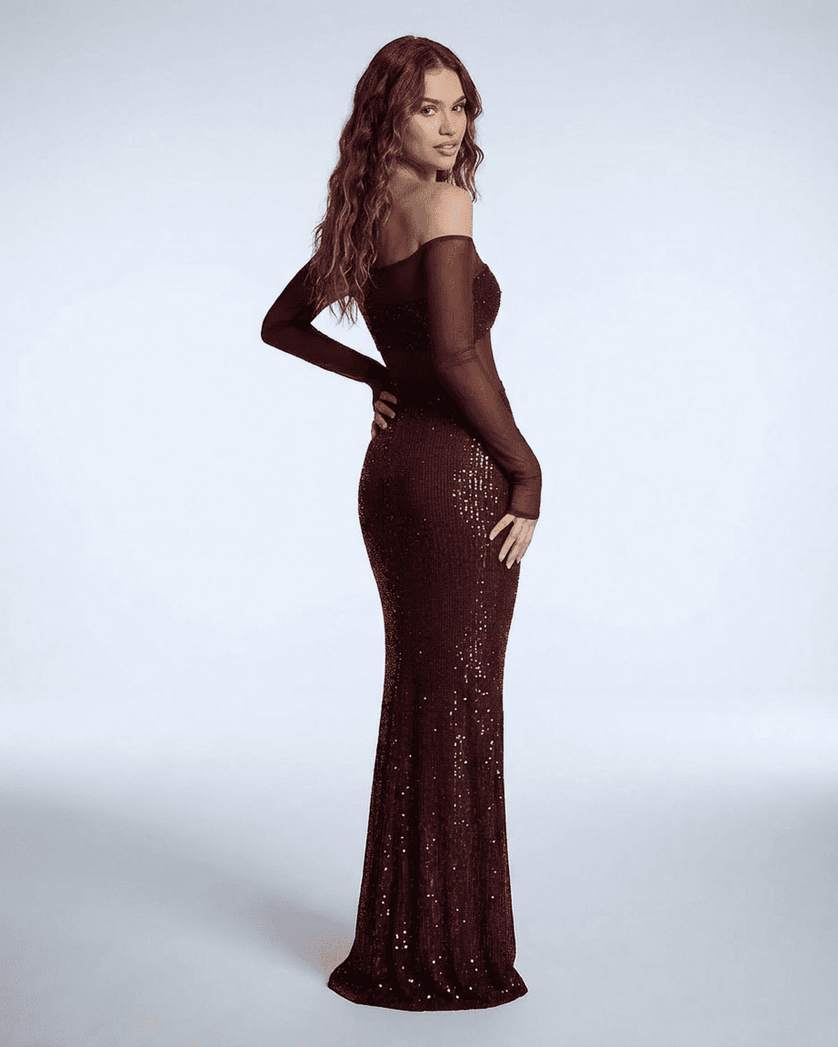 Virella Maxi Dress by Lauven featuring an elegant off-shoulder design and striking deep red sequins.