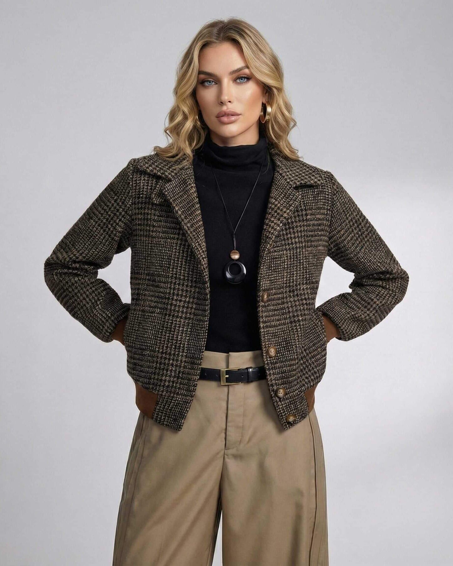 Cambridge Jacket by Lauven - Women’s plaid jacket featuring a lapel collar and long sleeves, styled for classic elegance.