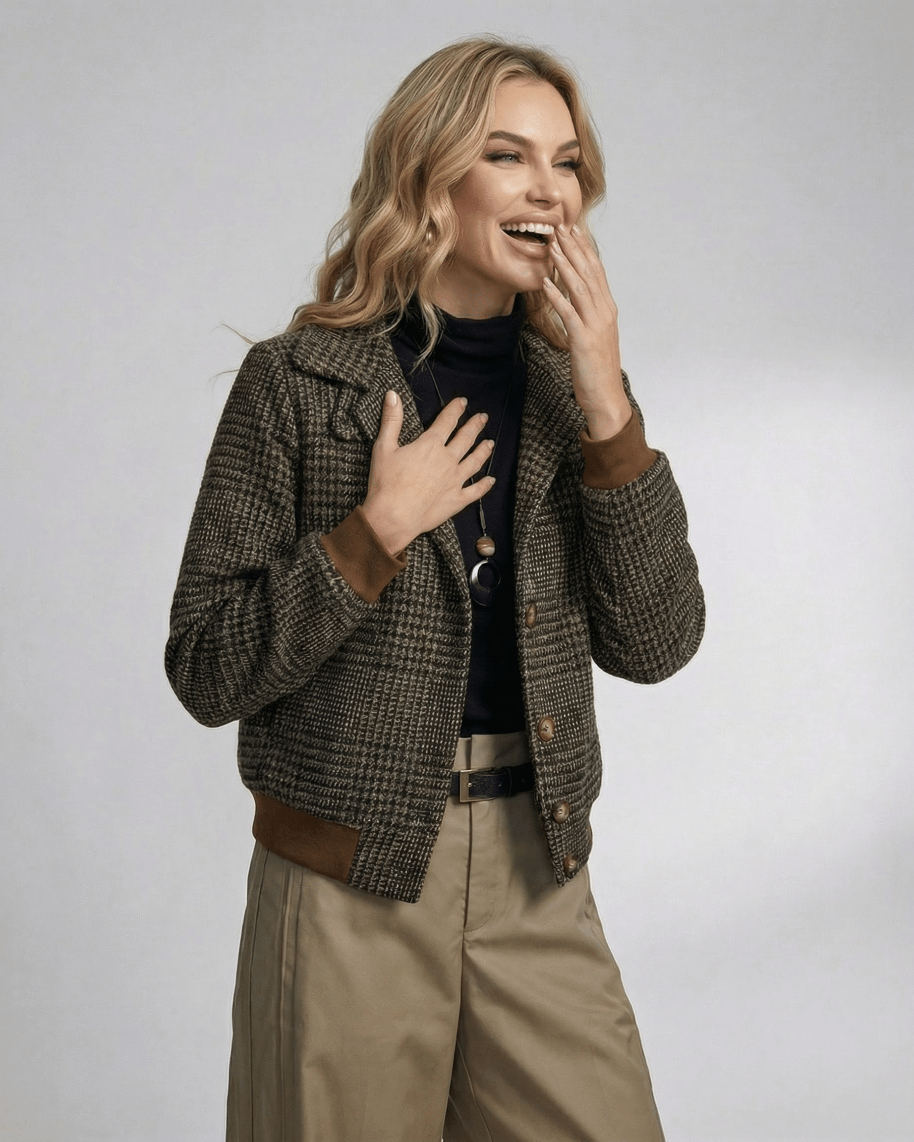Cambridge Jacket by Lauven, women's plaid jacket with lapel collar and long sleeves, classic style.
