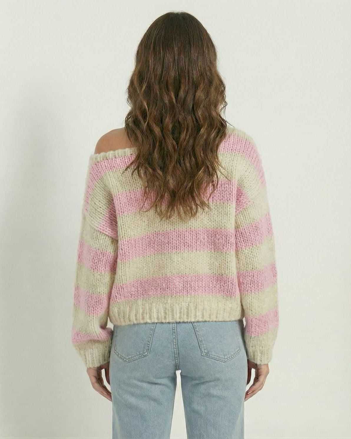 Rosé Pullover by Lauven, women’s striped pullover sweater with pink and ivory color blocking, relaxed fit.