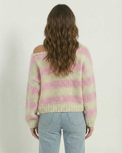 Rosé Pullover by Lauven, women’s striped pullover sweater with pink and ivory color blocking, relaxed fit.