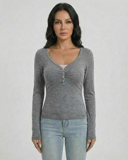 Sterling Pullover by Lauven – Women's slim fit V-neck long sleeve pullover with button detail in gray.