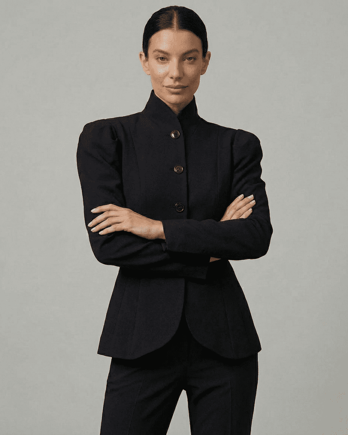 Noiré Blazer by Lauven with stand collar and puff sleeves, perfect for formal occasions and sophisticated workwear.