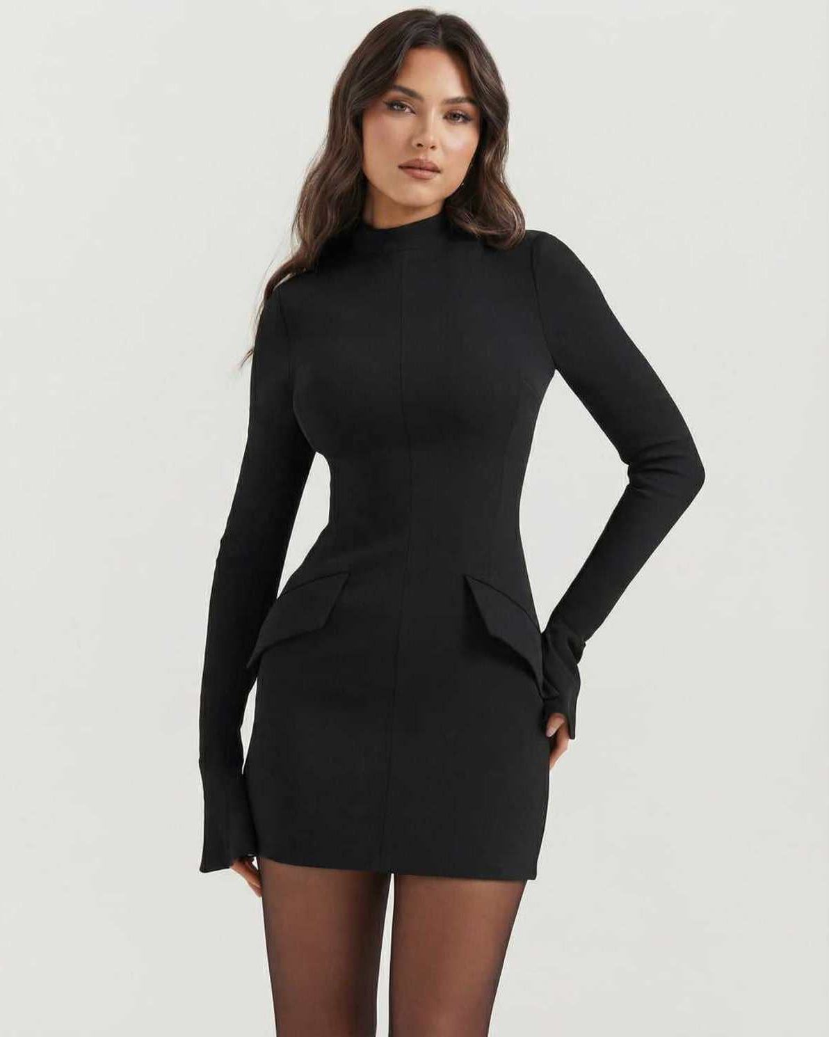 Noiré Mini Dress featuring structured bodycon fit, high mock neck, and long sleeves by Lauven.