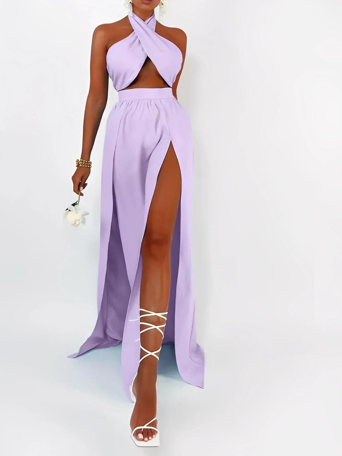 Lavender Breeze Set: Halter top and slit maxi skirt, perfect for summer events and stylish statement moments.