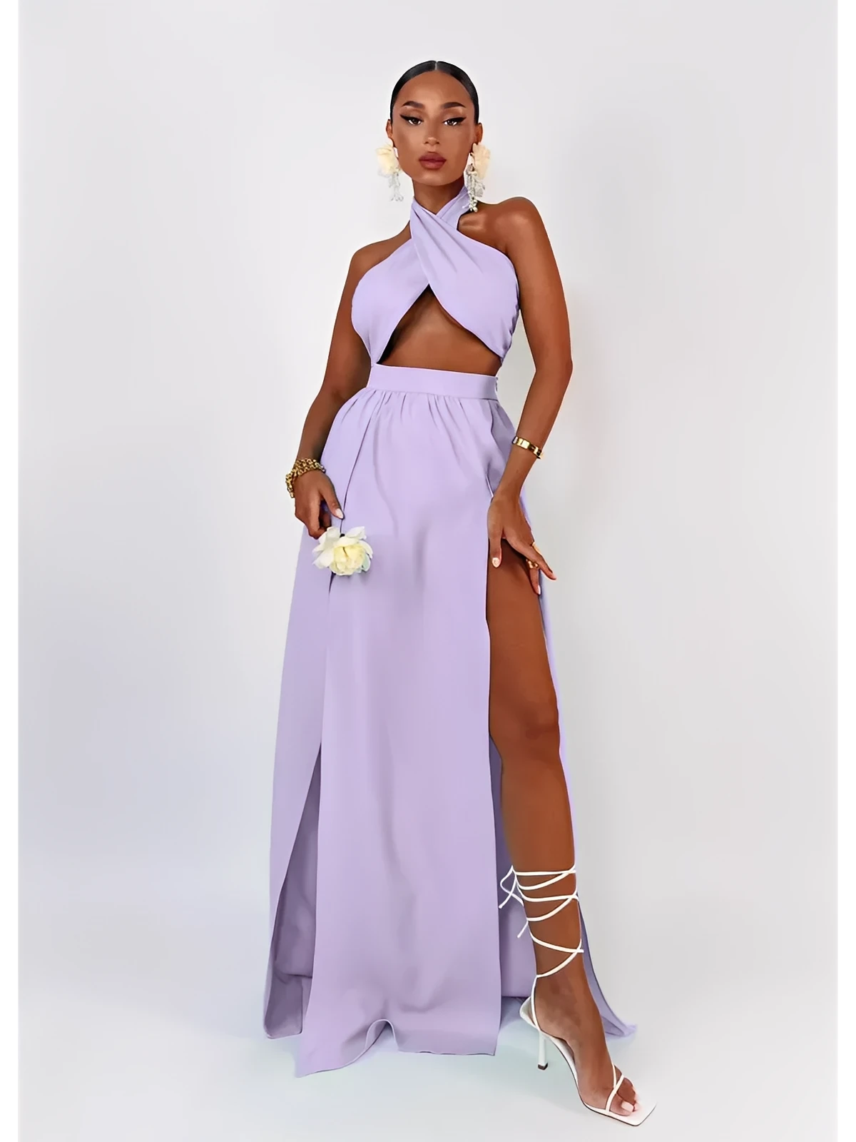 Lavender Breeze Set featuring a halter top and thigh-high slit maxi skirt, perfect for summer events and stylish outings.