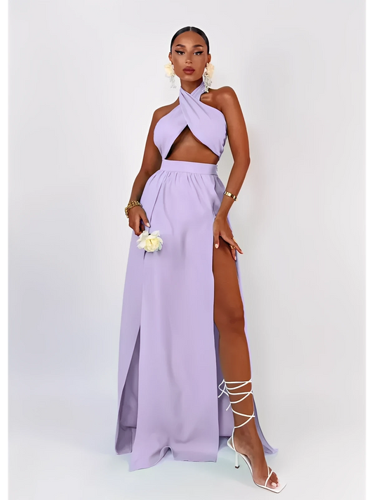 Lavender Breeze Set featuring a halter top and thigh-high slit maxi skirt, perfect for summer events and stylish outings.