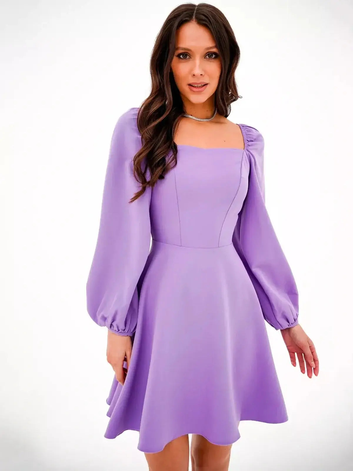 Lavender Grace mini dress with square neckline and voluminous long sleeves, perfect for summer and wedding guest events.