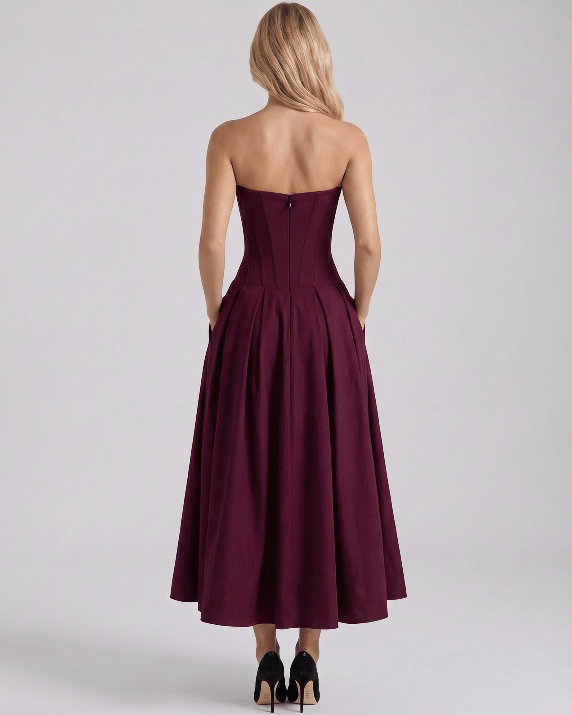 Elegant back view of Aveline Midi Dress, showcasing the structured polyester, V-neck design, and flowing skirt from Lauven.