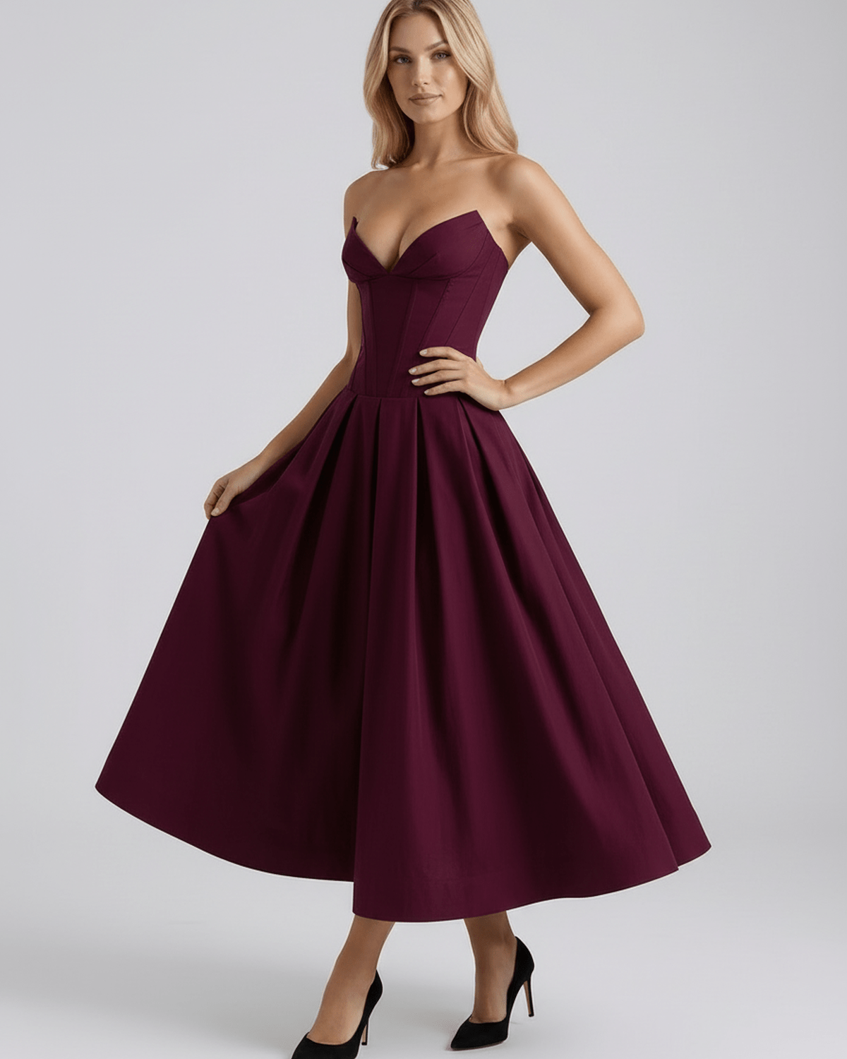 Aveline Midi Dress in burgundy with V-neckline, voluminous skirt, by Lauven, perfect for elegant occasions, V-neck midi dress.