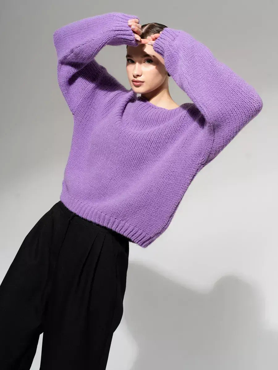 Lavina Sweater by Lauven, oversized off-shoulder knit in lavender, stylish and cozy for fall and winter.