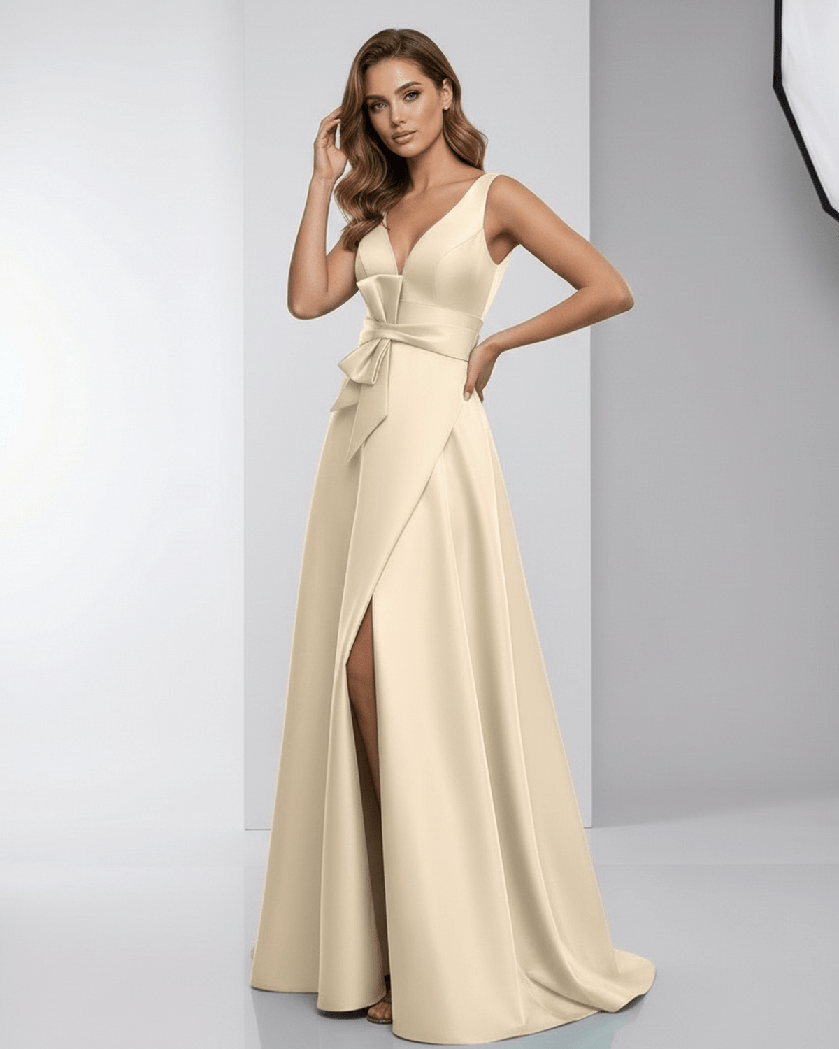 Calista Maxi Dress - Elegant cream satin A-line dress with deep V-neck and side slit by Lauven.