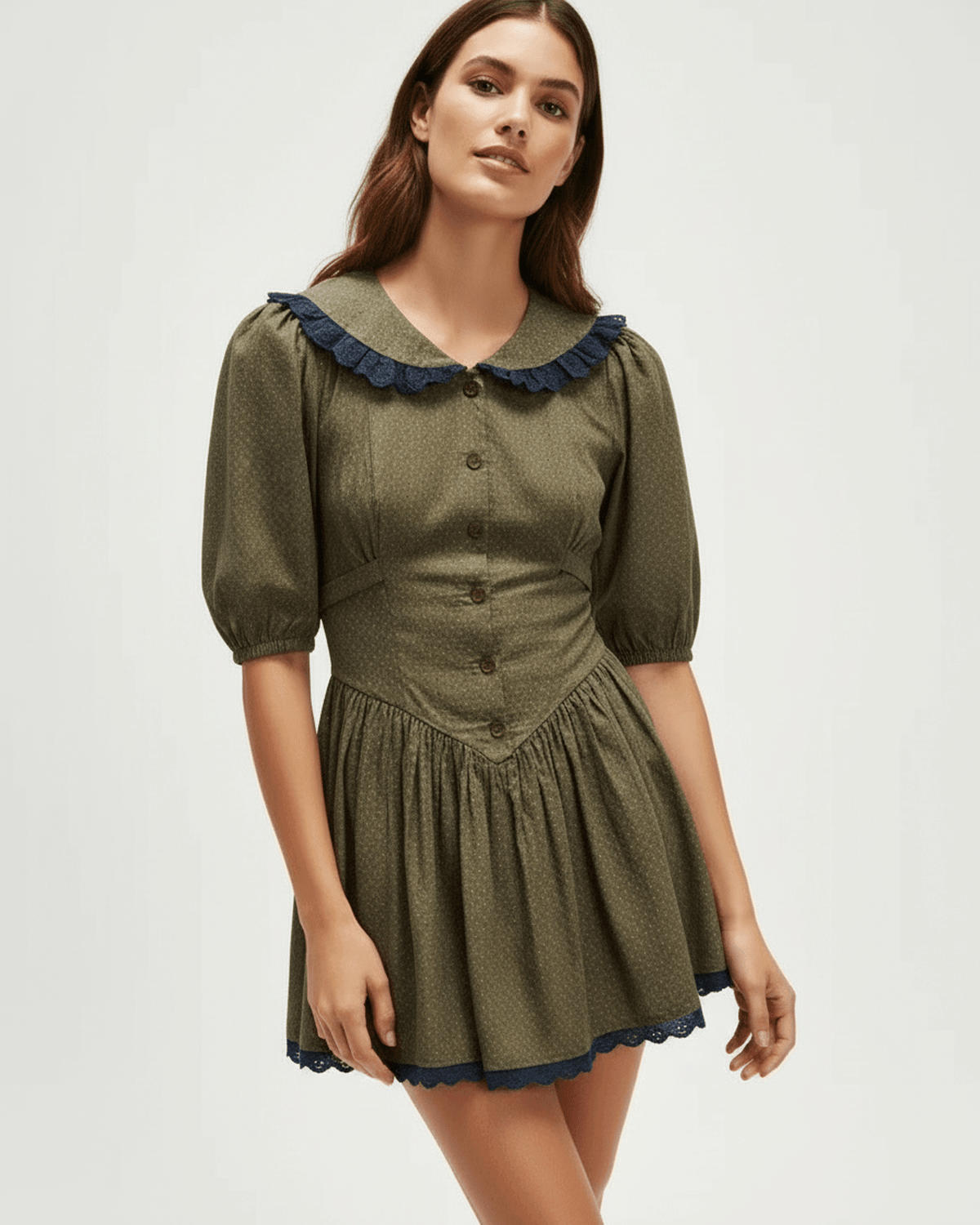 Aveline Mini Dress by Lauven featuring a Peter Pan collar and puff sleeves in olive green and navy accents.