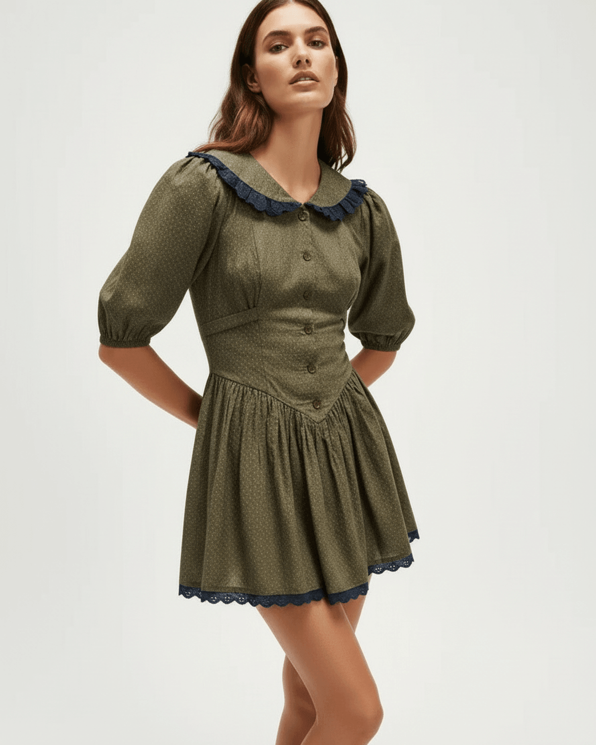 Aveline Mini Dress by Lauven featuring a Peter Pan collar and puff sleeves in olive green with navy accents.