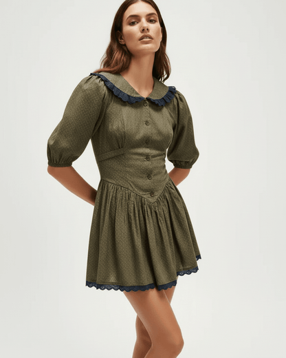 Aveline Mini Dress by Lauven featuring a Peter Pan collar and puff sleeves in olive green with navy accents.