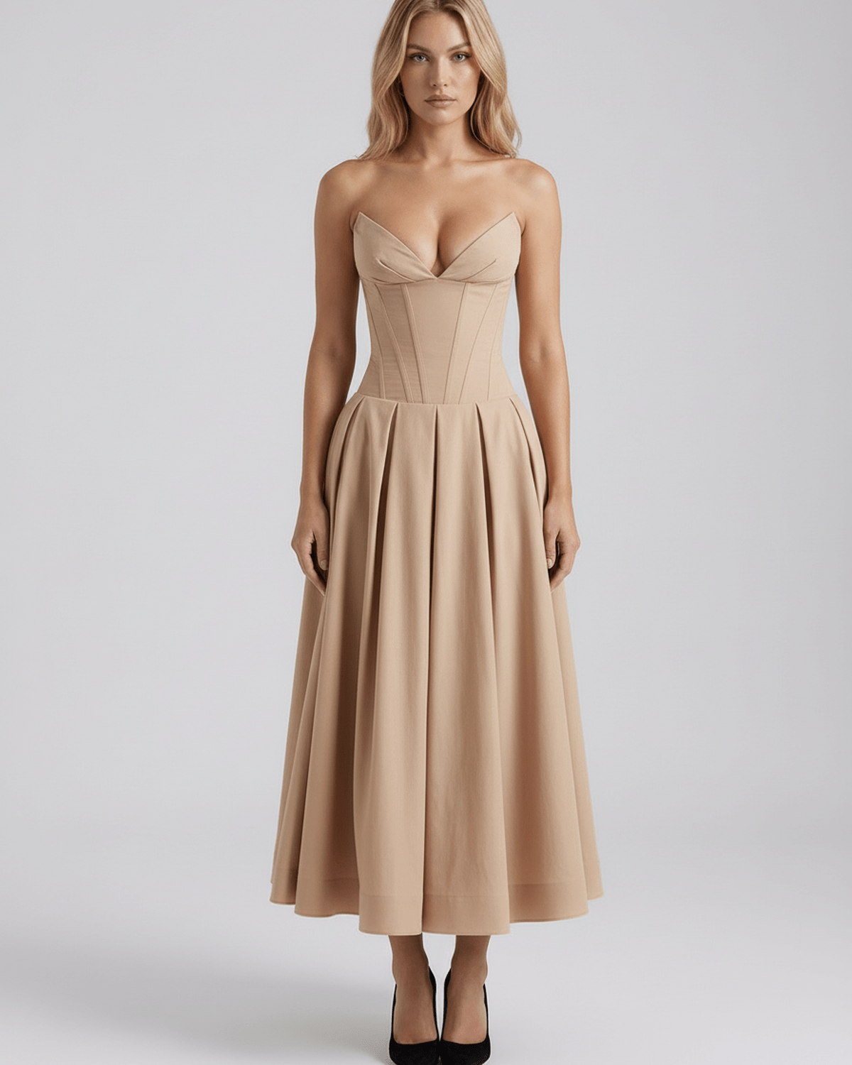 Aveline Midi Dress in nude, V-neck midi dress with fitted bodice and flowing skirt by Lauven, perfect for elegant occasions.