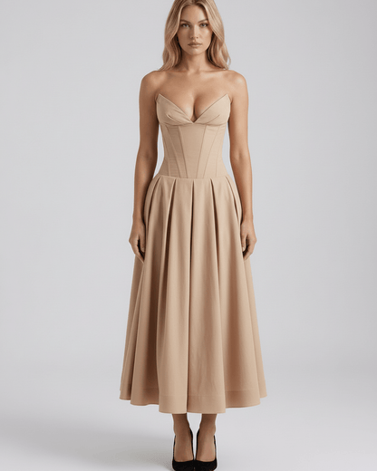Aveline Midi Dress in nude, V-neck midi dress with fitted bodice and flowing skirt by Lauven, perfect for elegant occasions.