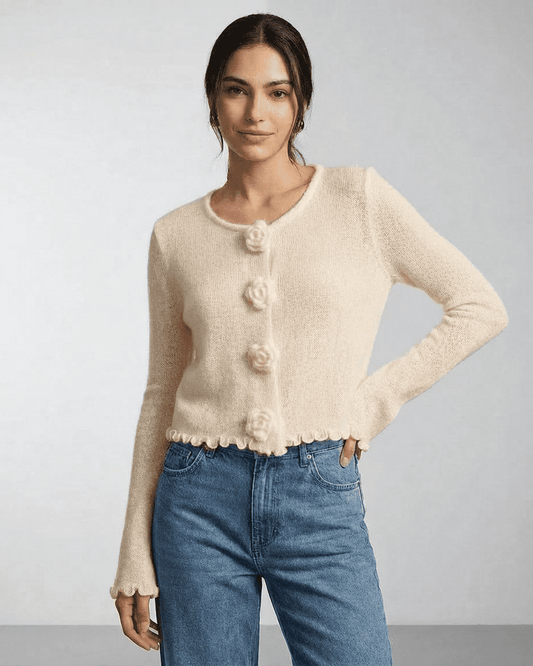 Ivory Cardigan by Lauven featuring floral button details and a soft knit texture, perfect for a chic look.