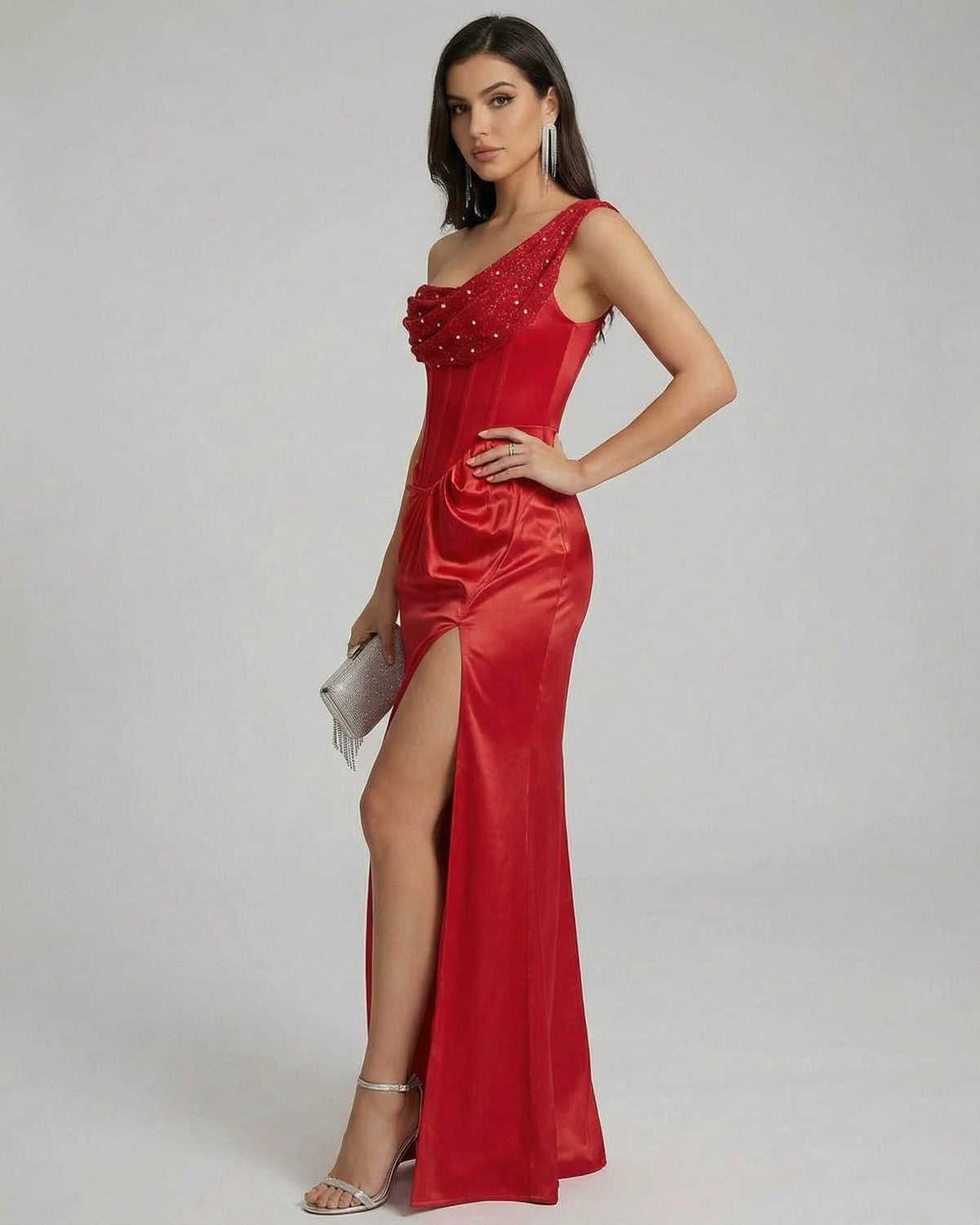 Vespera Maxi Dress by Lauven - One-Shoulder Satin Evening Gown with Embellished Draped Neckline and Thigh-High Split.