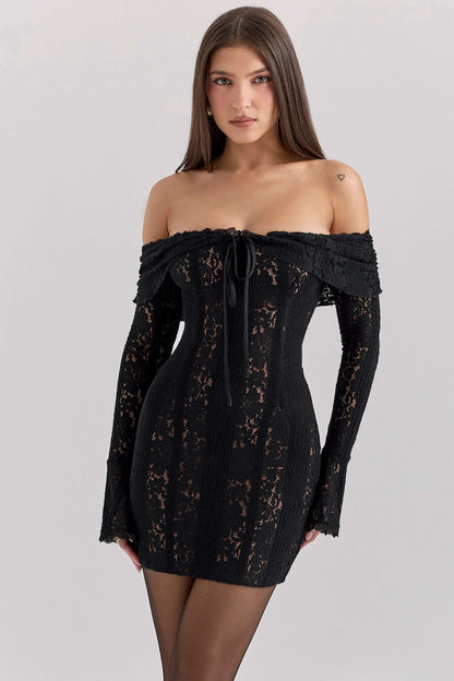 Off-shoulder black lace mini dress with corset bodice and bell sleeves, perfect for cocktail or prom events.
