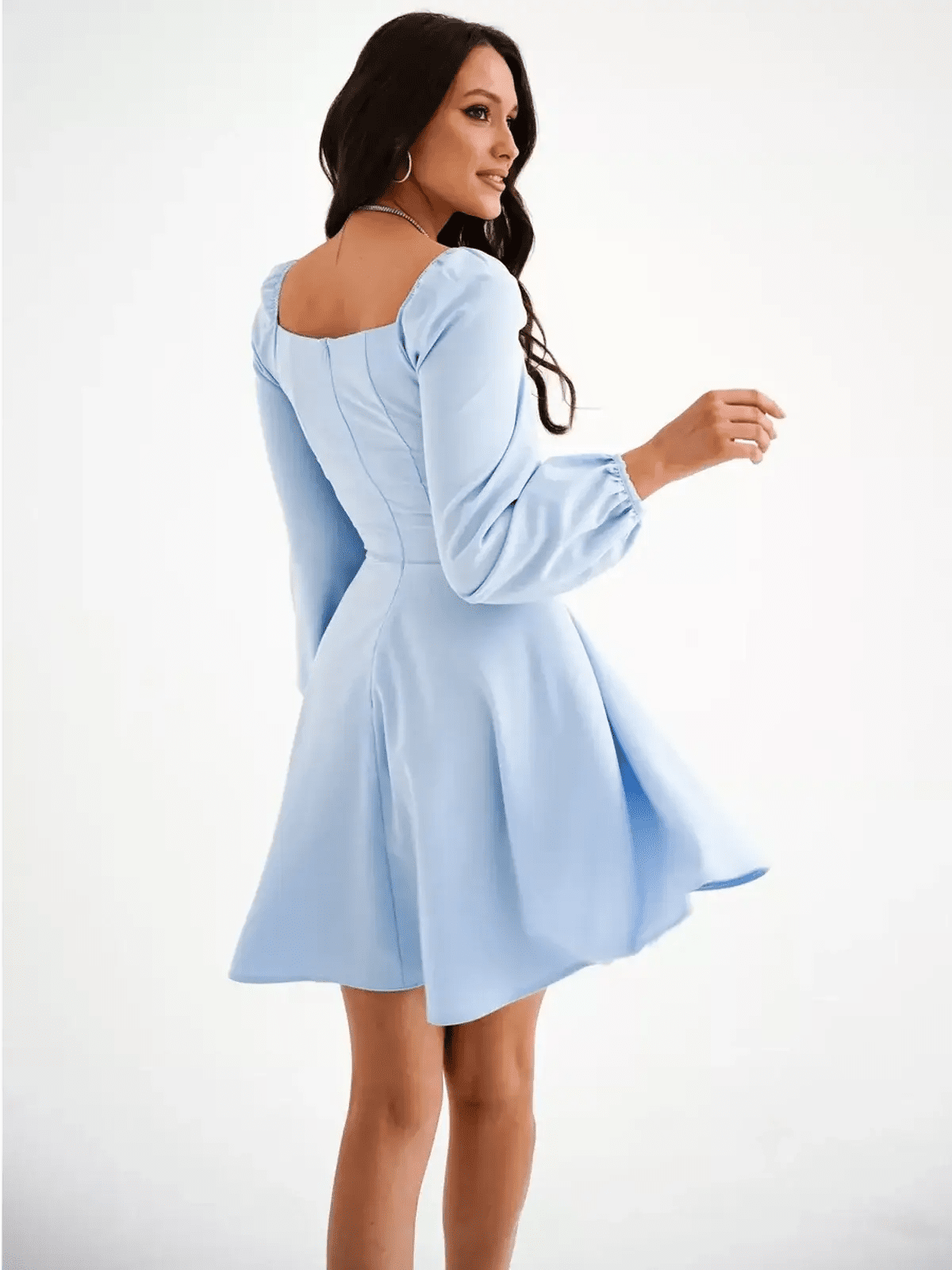 Light blue mini dress with square neckline and puffed sleeves, perfect for events and summer occasions.