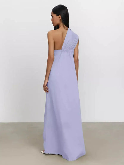 Elegant lilac flow maxi dress with one-shoulder design and sculptural draping, perfect for summer events.