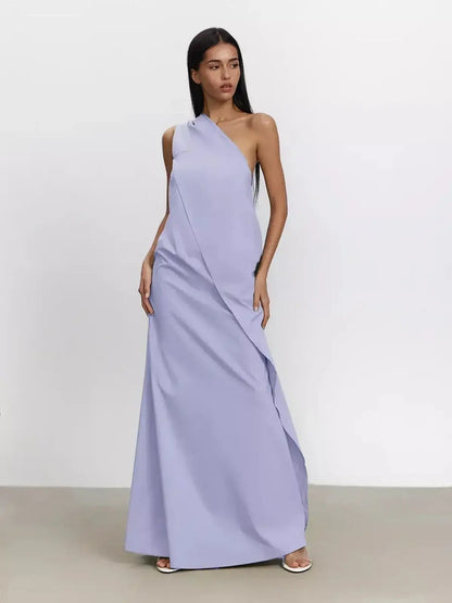 Lilac Flow Maxi Dress featuring sculptural draping and one-shoulder elegance for summer soirées.
