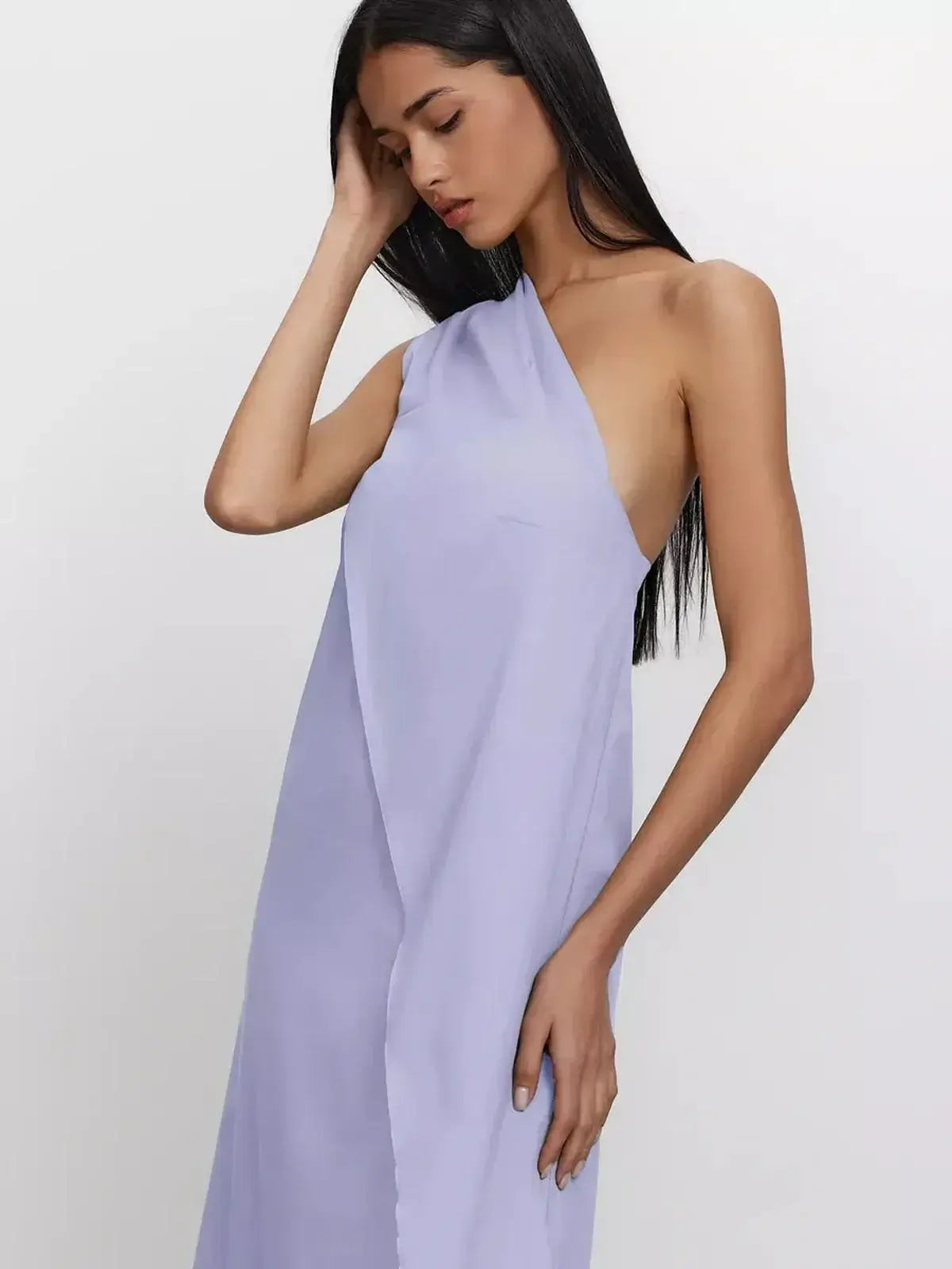 Lilac Flow Maxi Dress showcasing sculptural draping and one-shoulder elegance, perfect for summer events.