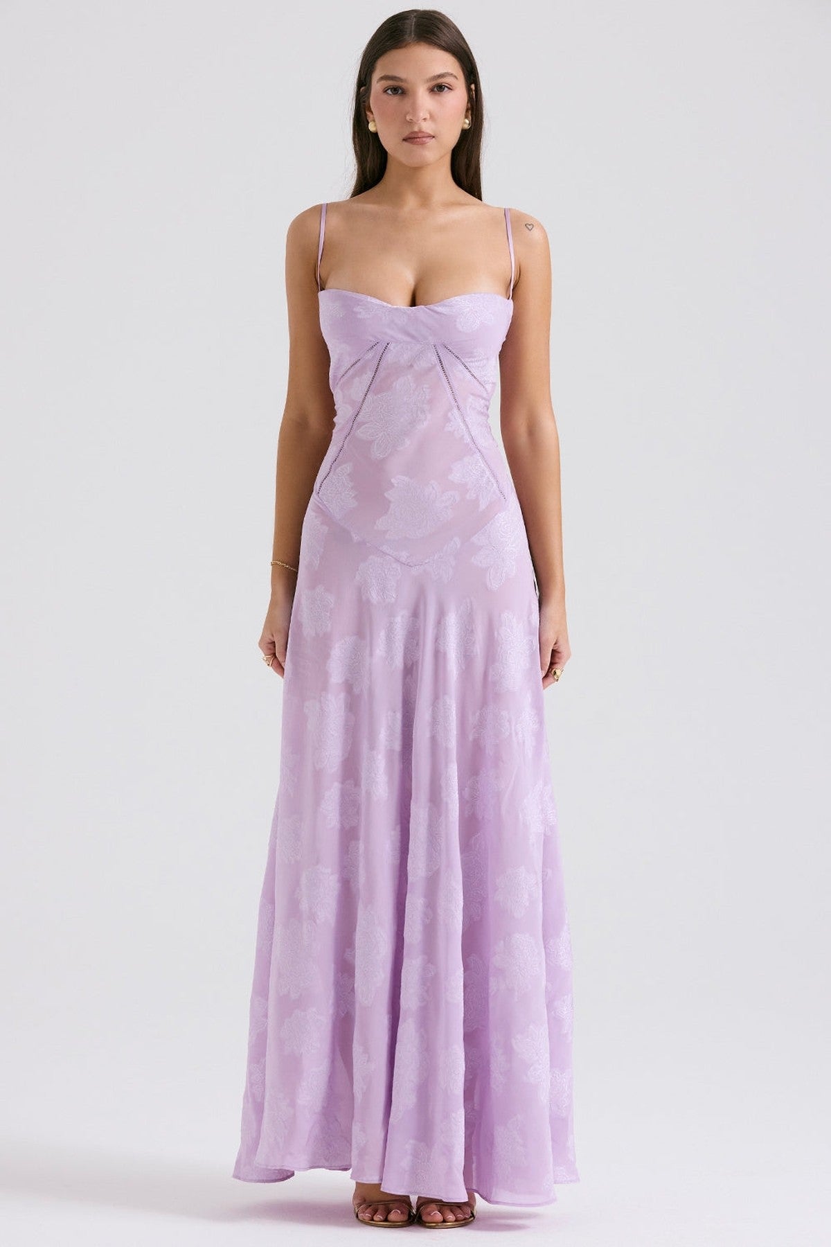 Lily Maxi Dress in lavender with spaghetti straps, perfect for weddings, proms, and evening events.